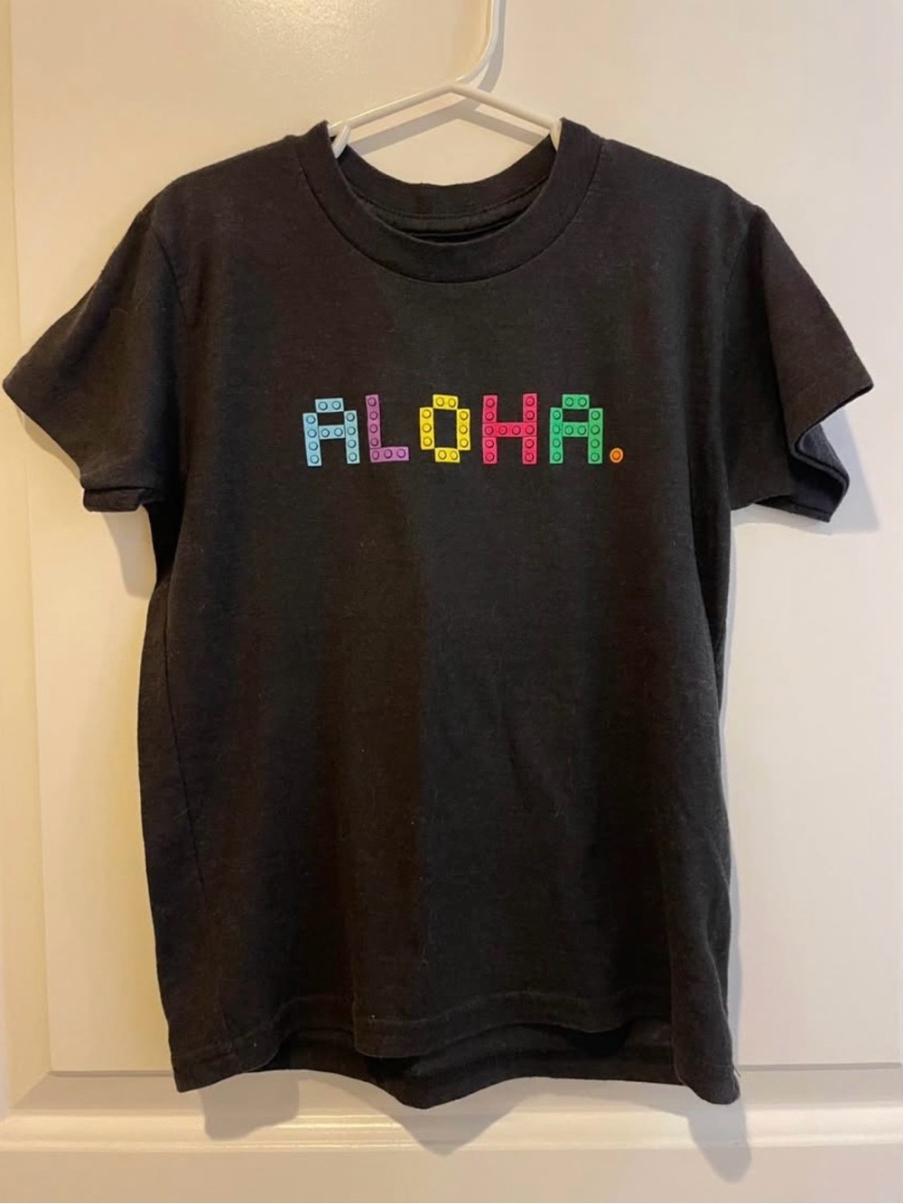 Dark Grey "ALOHA." Graphic Tee with Colorful LEGO Block Letters, Hawai’i Local